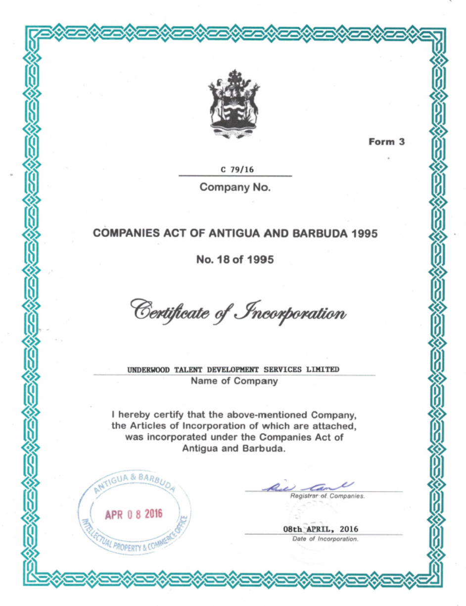 Certificate of Incorporation – Underwood Talent Development Services